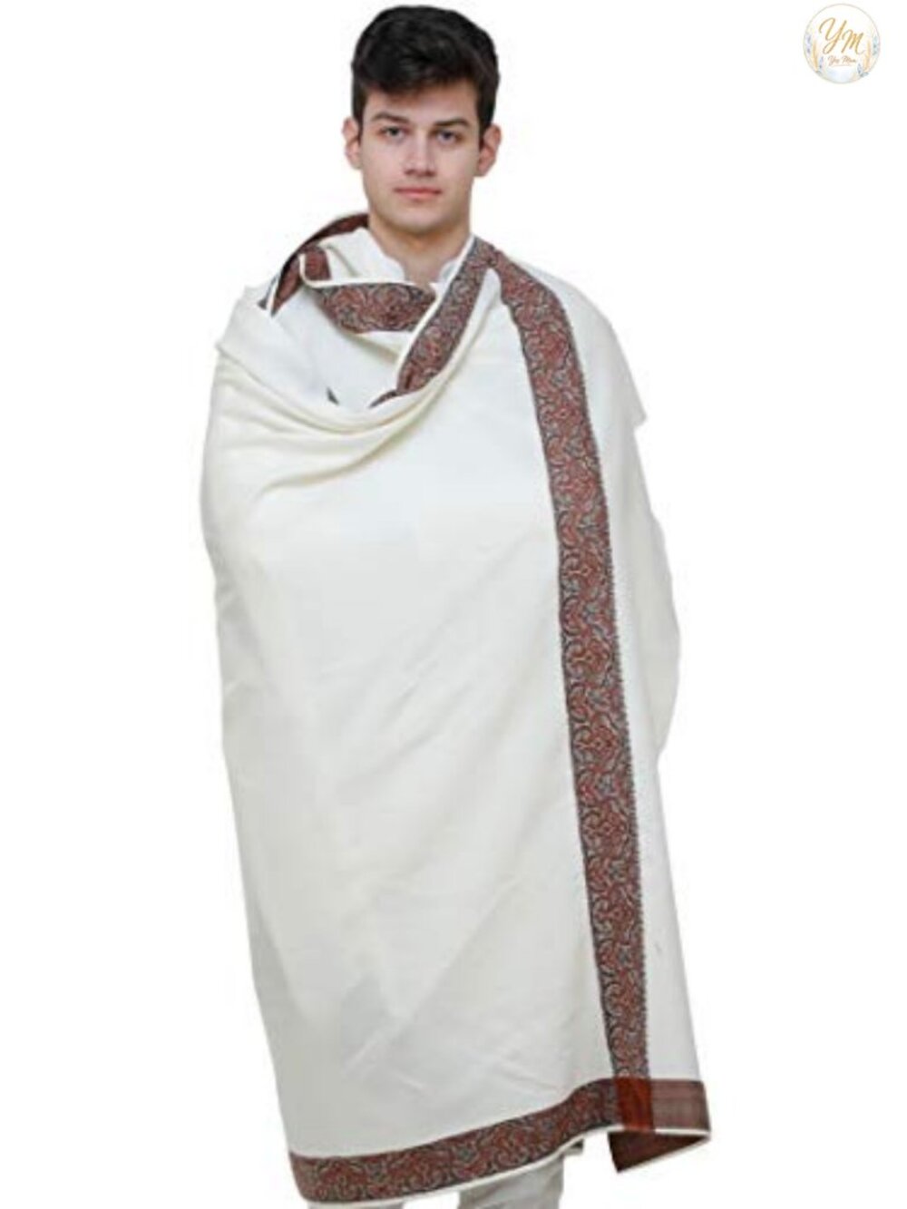 Men's Pure Wool Shawl with Woven Border - Winter Scarf Wrap